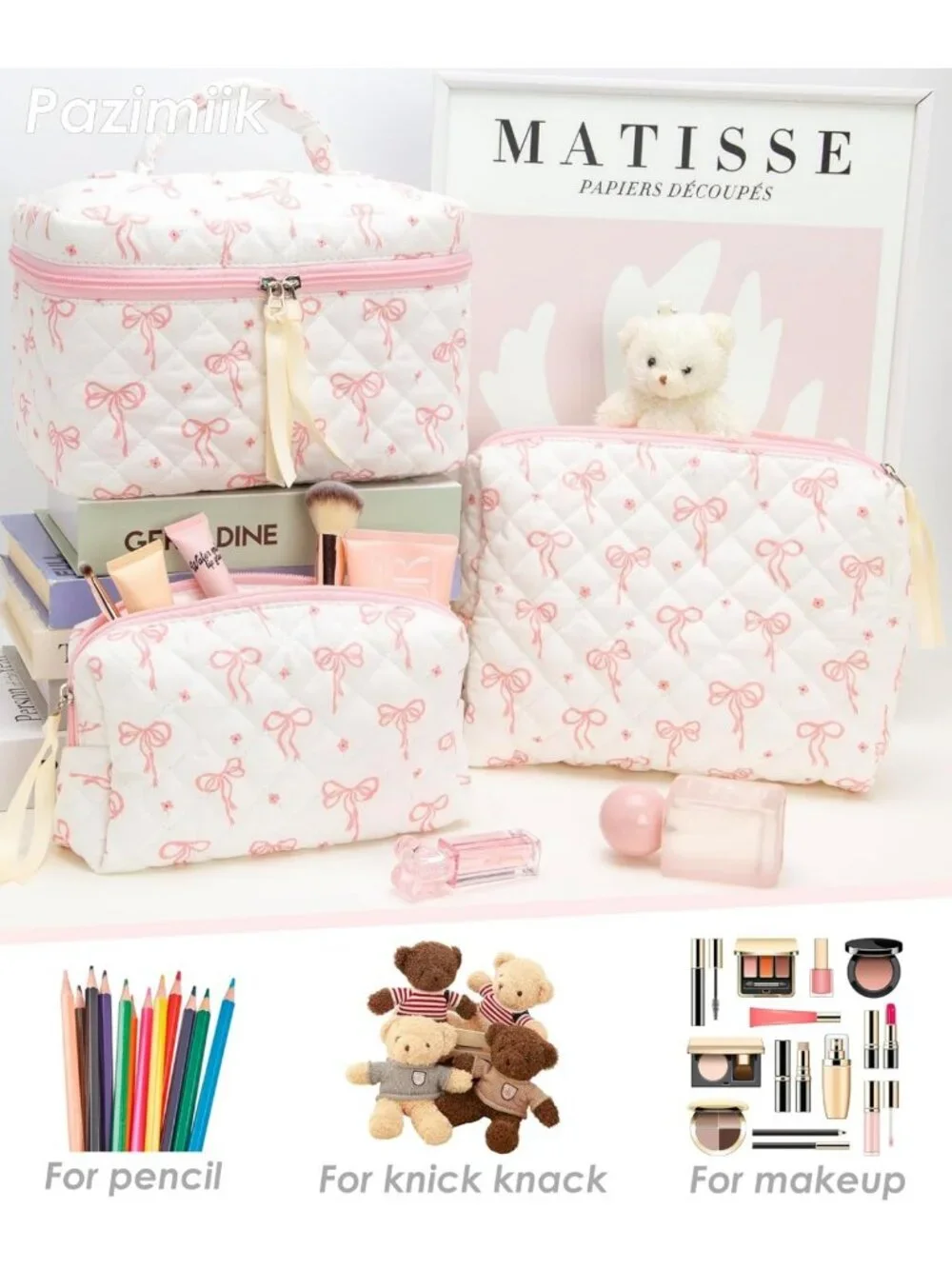3 Piece Quilted Makeup Bag Set - Cute Zipper Organizer for Cosmetics, Toiletries